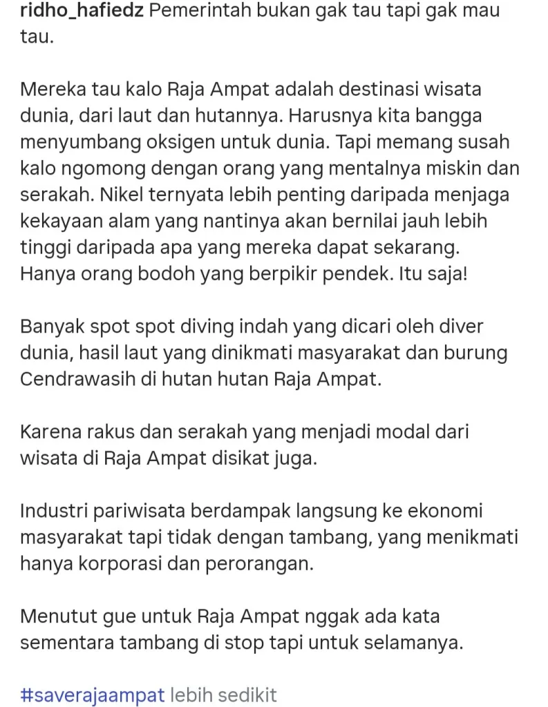 Caption Instagram Ridho Hafiedz tentang tambang nikel di Raja Ampat