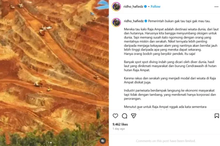 Tangkapan layar postingan Instagram Ridho Slank tentang Tambang Nikel di Raja Ampat