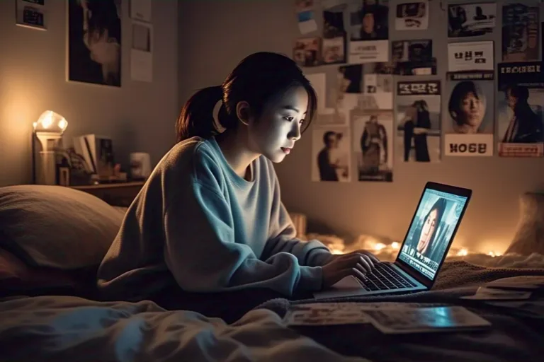 Seorang perempuan sedang mencari rekomendasi film Korea Netflix di laptopnya